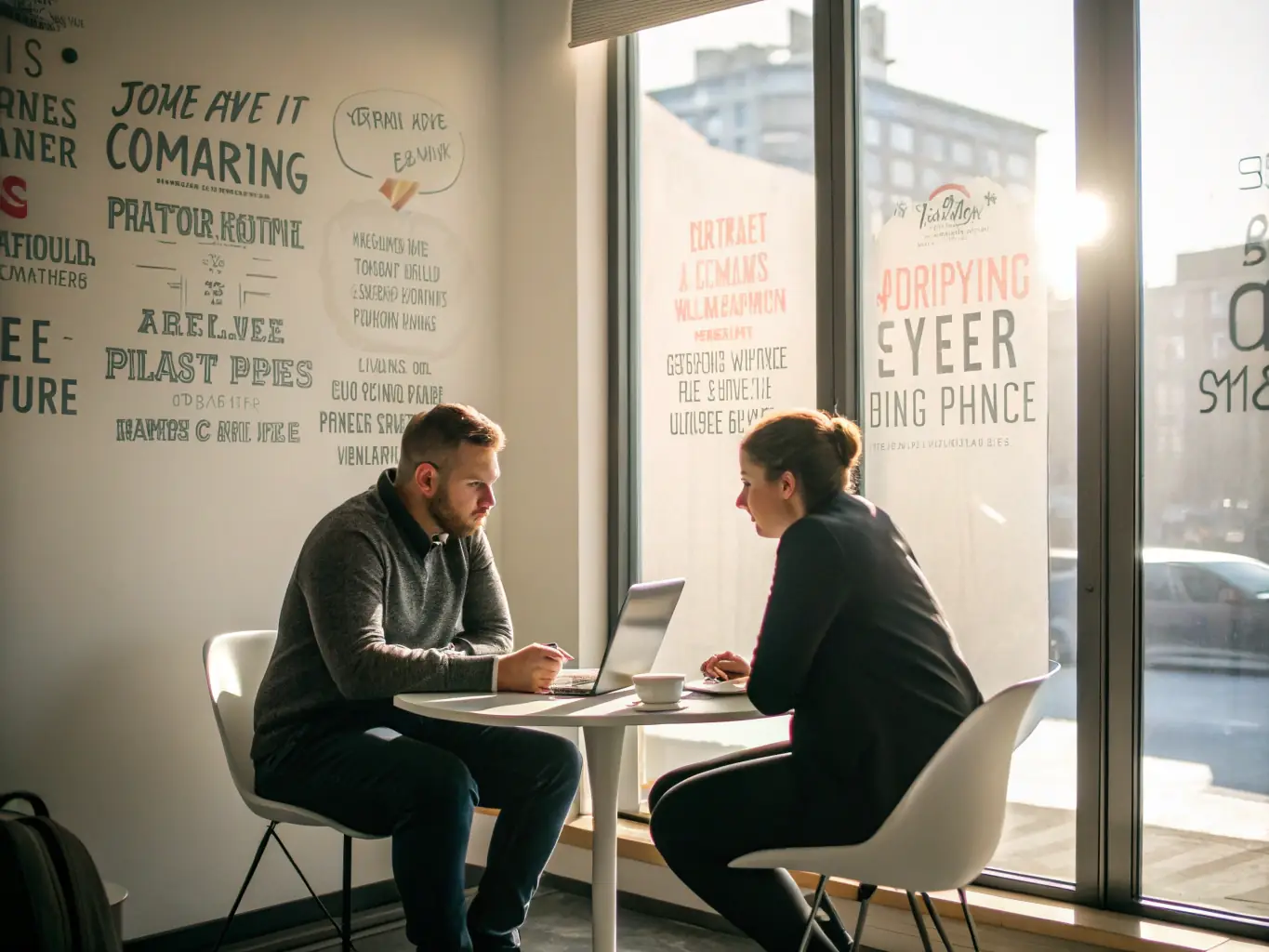 An image of a confident business coach engaging with a client in a modern office setting, with charts and growth graphs in the background.