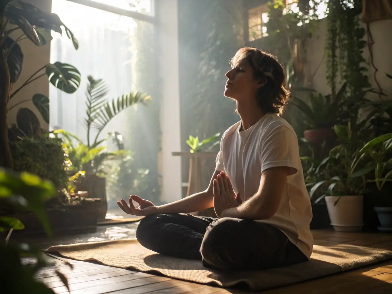An image showing a person meditating in a peaceful setting, representing mindset development and mental clarity.