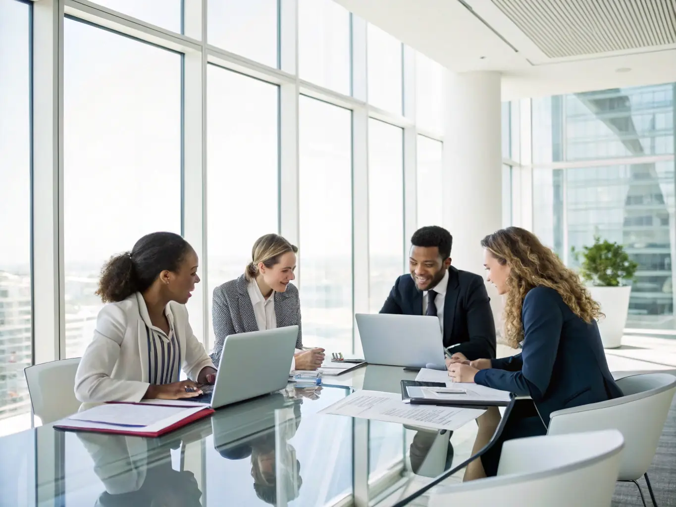 An image depicting a diverse team collaborating in a modern office, brainstorming ideas and strategizing for business growth.