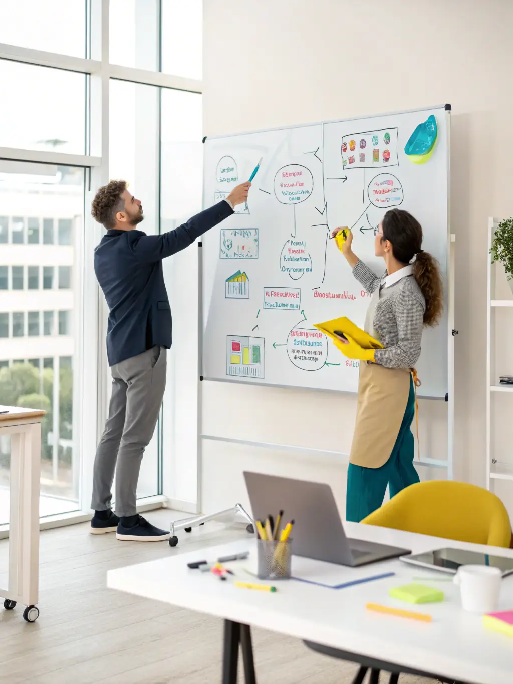 A coach facilitating a brainstorming session with a diverse team, using sticky notes on a whiteboard to map out innovative ideas.