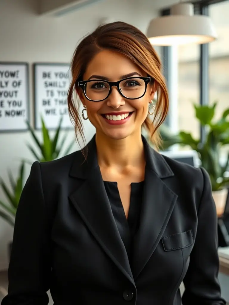 A professional business coach in a suit, smiling confidently while pointing at a growth chart during a coaching session in a modern office setting.
